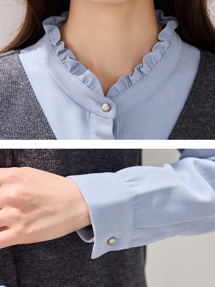 Knitted splice tops fashion Pseudo-two shirt