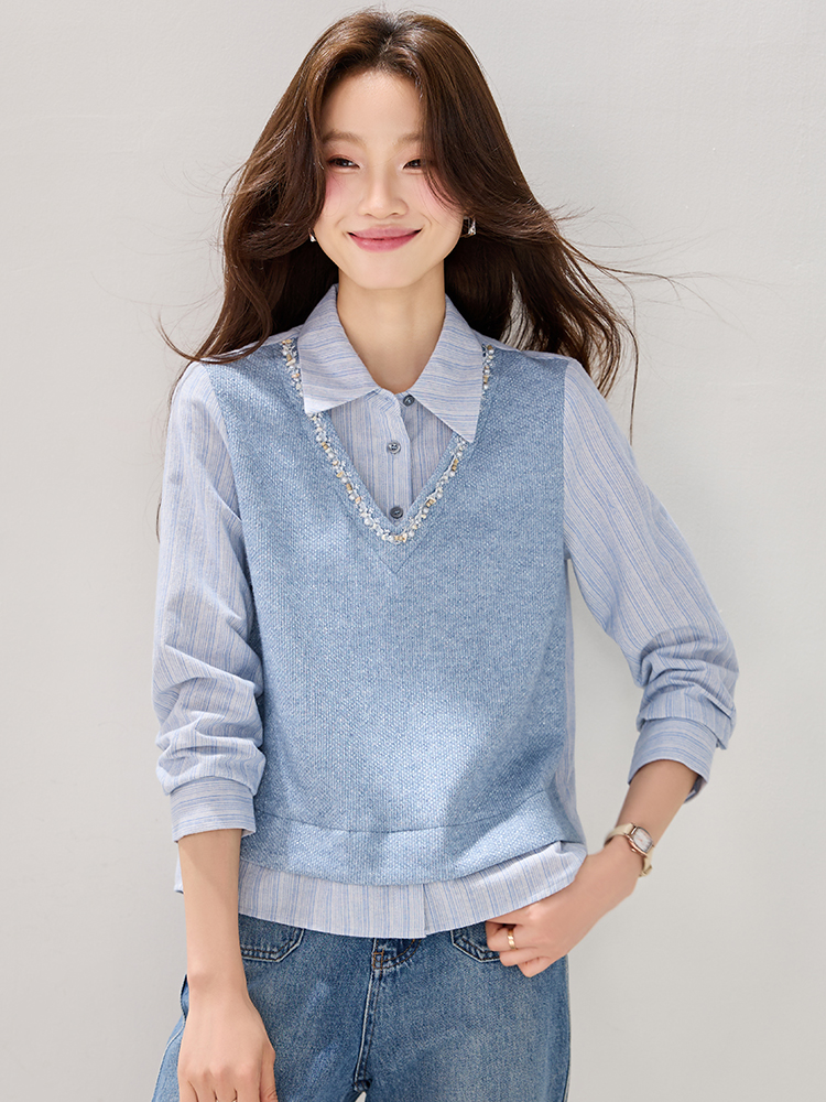 Stripe lace spring hoodie fashion splice tops for women