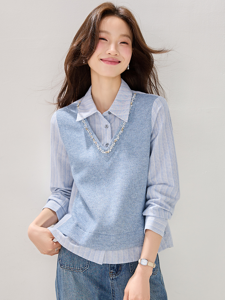 Stripe lace spring hoodie fashion splice tops for women