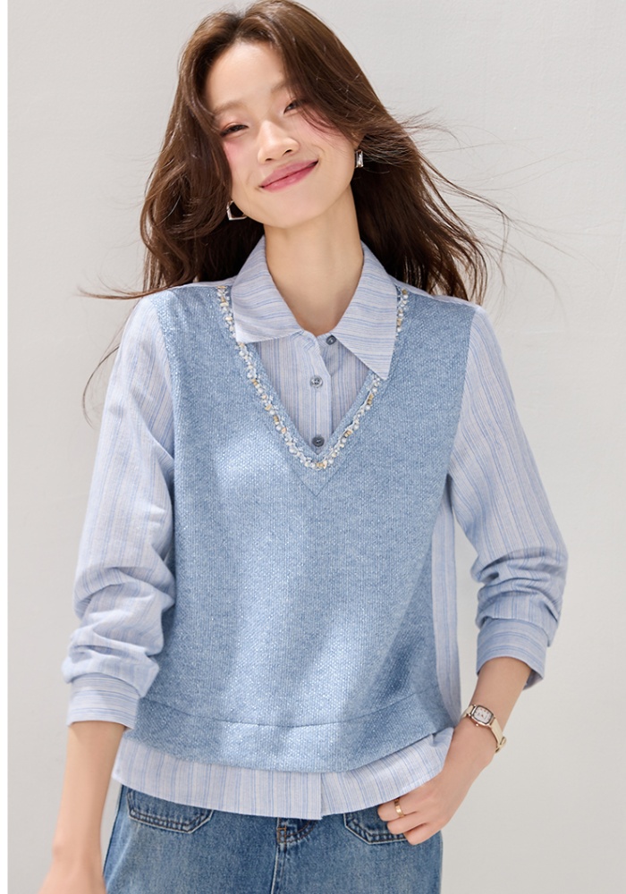 Stripe lace spring hoodie fashion splice tops for women