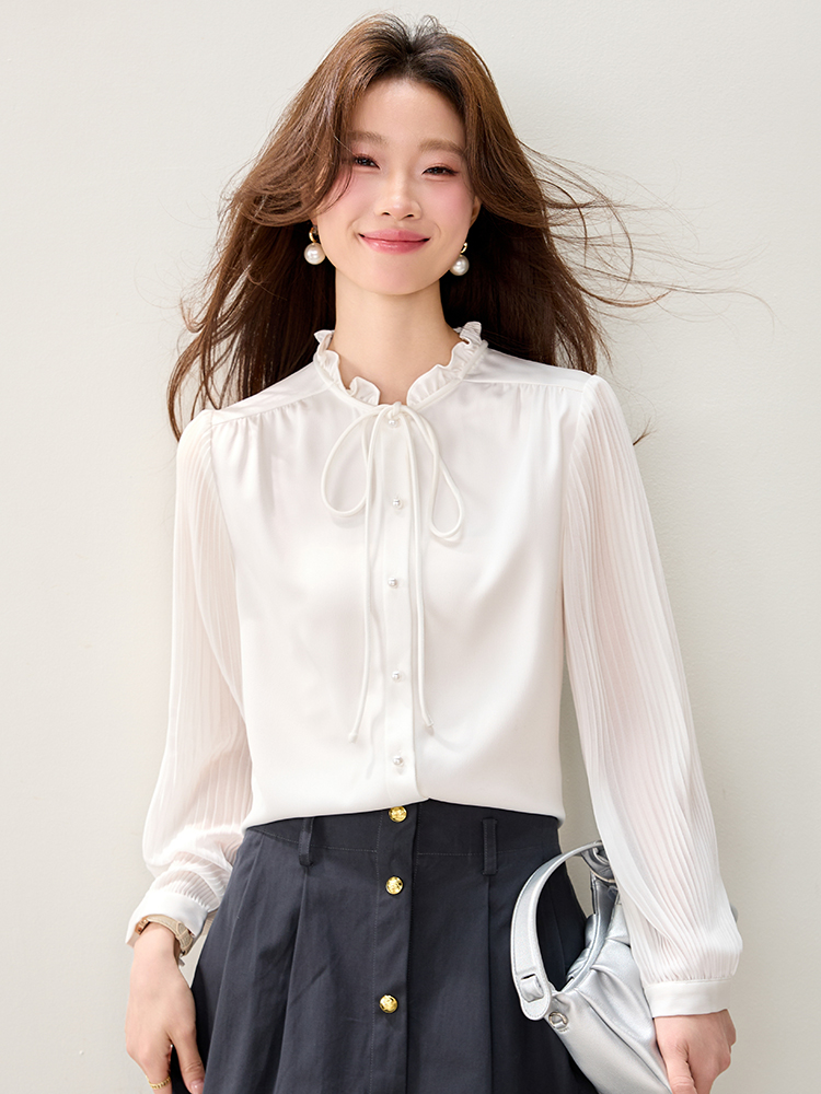 Cstand collar spring shirt wood ear tops for women