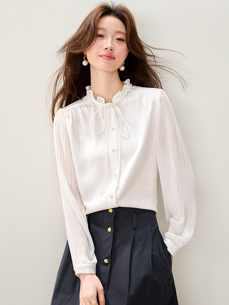 Cstand collar spring shirt wood ear tops for women