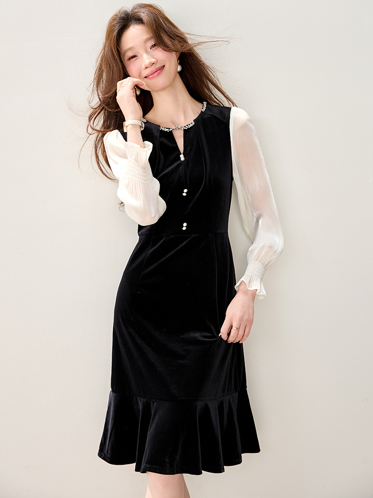Velvet spring dress pinched waist temperament long dress