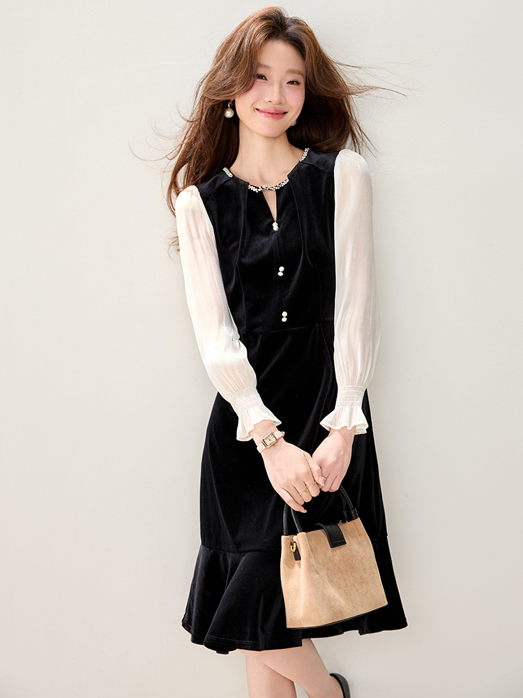 Velvet spring dress pinched waist temperament long dress