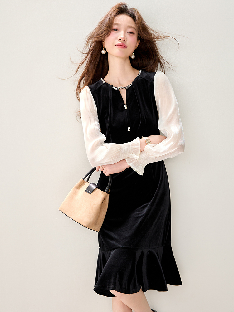 Velvet spring dress pinched waist temperament long dress