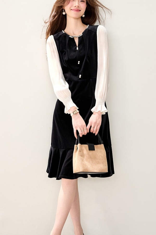 Velvet spring dress pinched waist temperament long dress