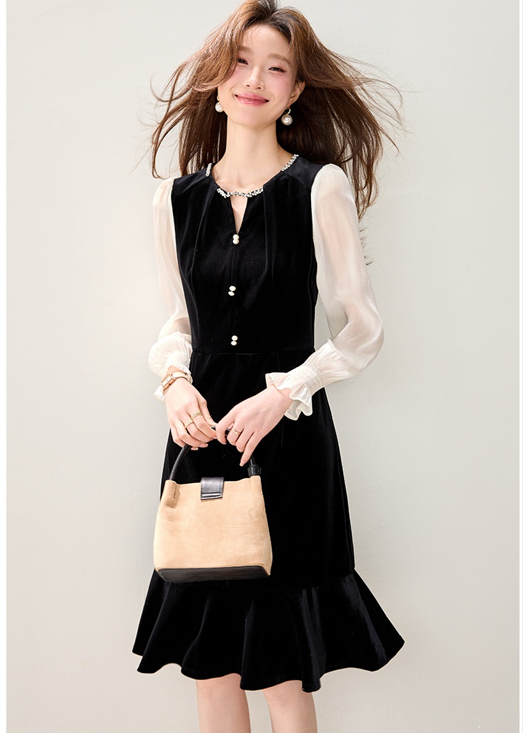 Velvet spring dress pinched waist temperament long dress