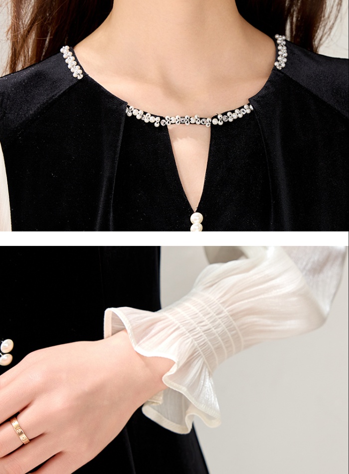 Velvet spring dress pinched waist temperament long dress