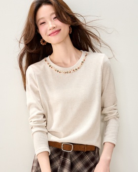 Round neck long sleeve spring tops ribbon Casual T-shirt for women