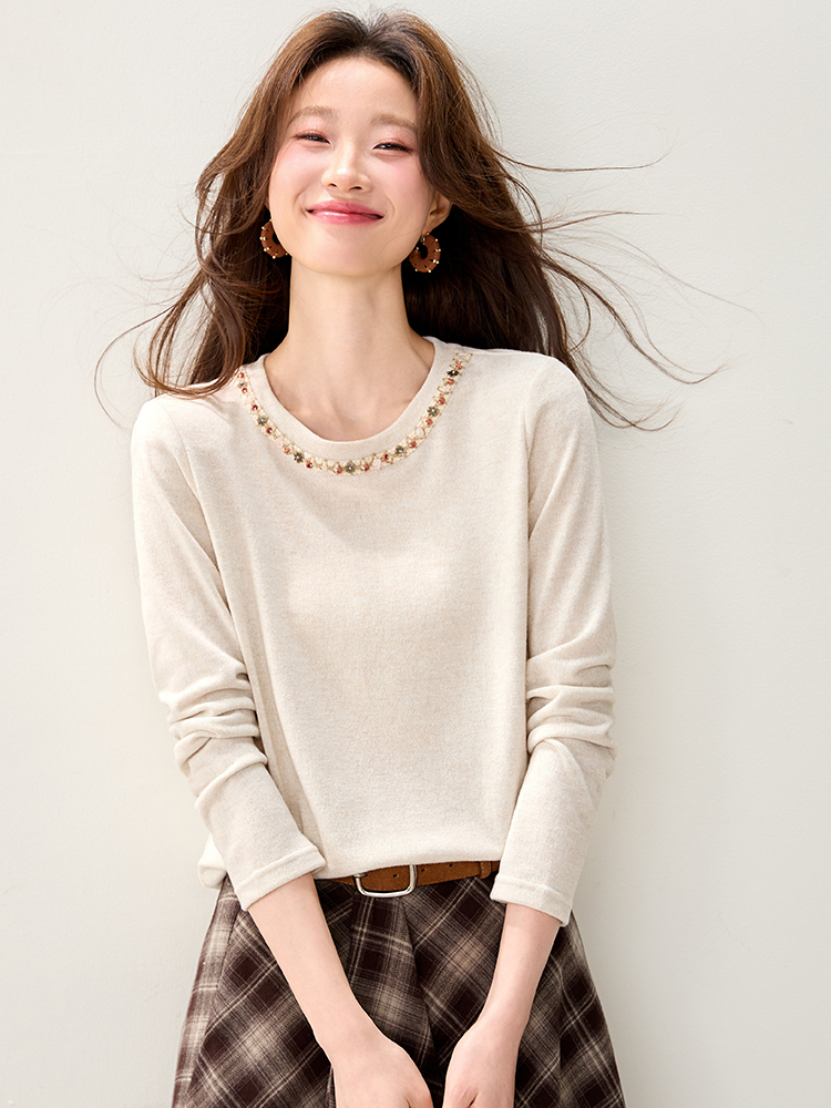 Round neck long sleeve spring tops ribbon Casual T-shirt for women