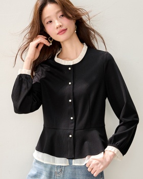 Splice spring shirt wood ear retro tops for women