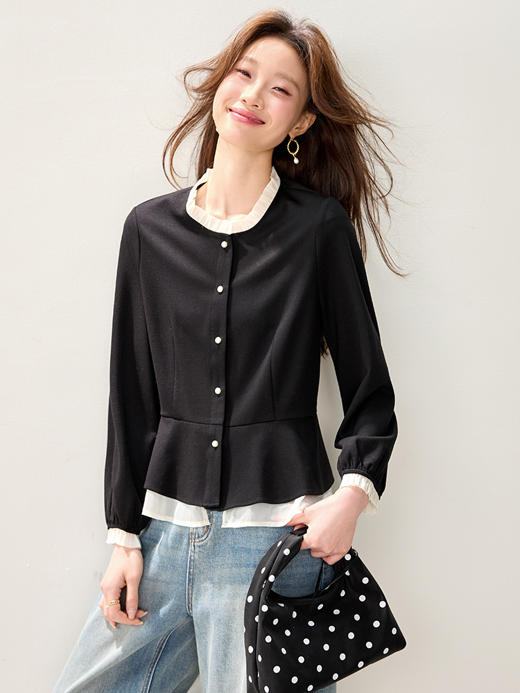Splice spring shirt wood ear retro tops for women