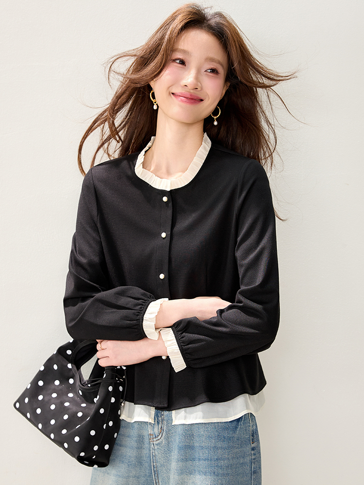 Splice spring shirt wood ear retro tops for women