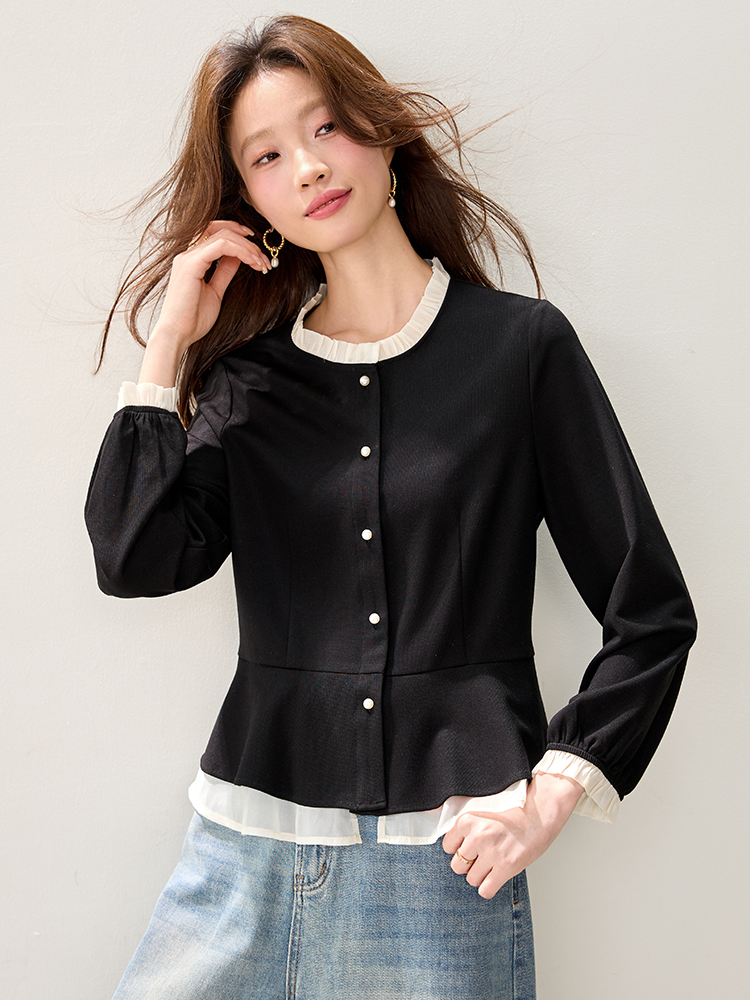 Splice spring shirt wood ear retro tops for women