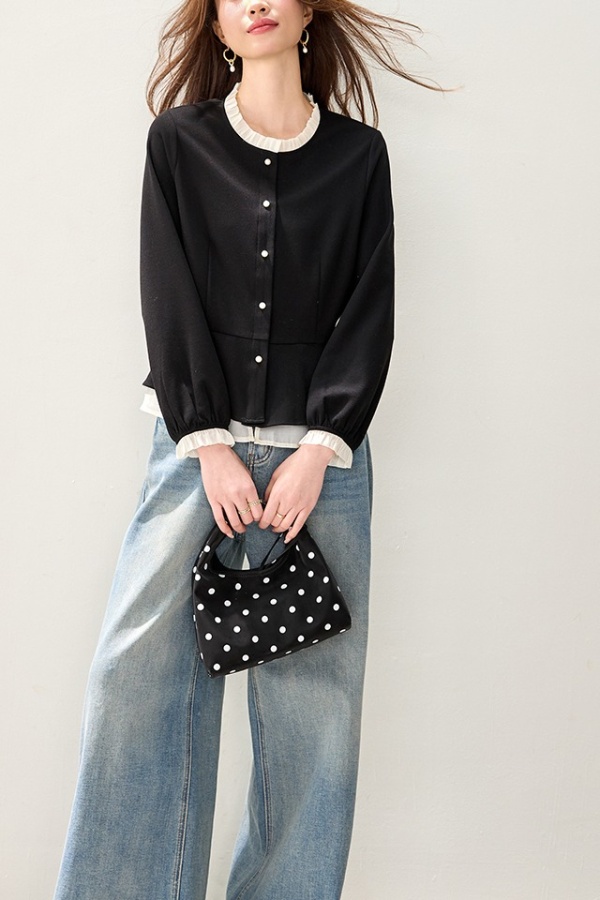 Splice spring shirt wood ear retro tops for women