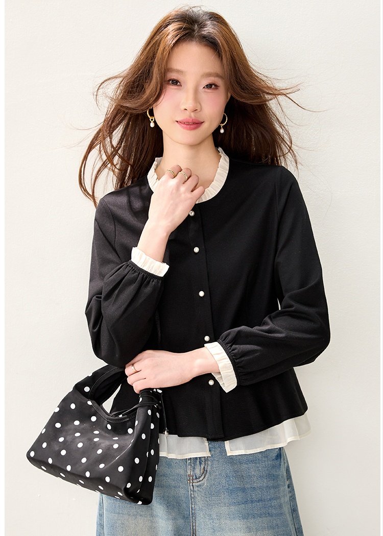 Splice spring shirt wood ear retro tops for women