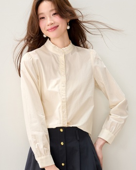 Long sleeve cstand collar apricot lace shirt for women