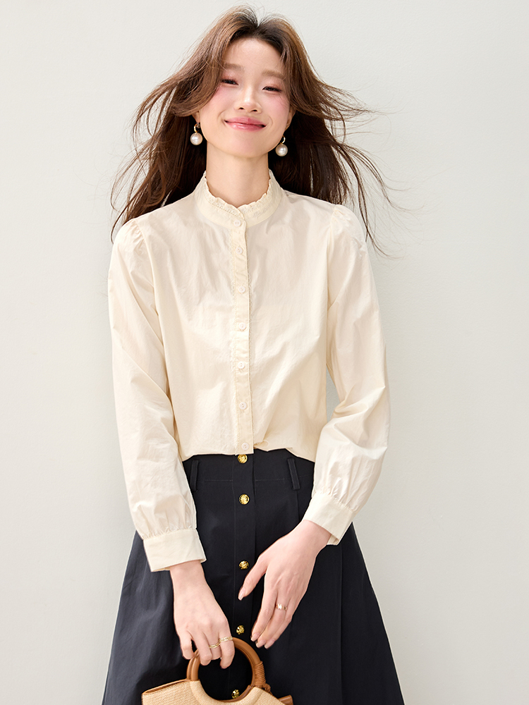 Long sleeve cstand collar apricot lace shirt for women