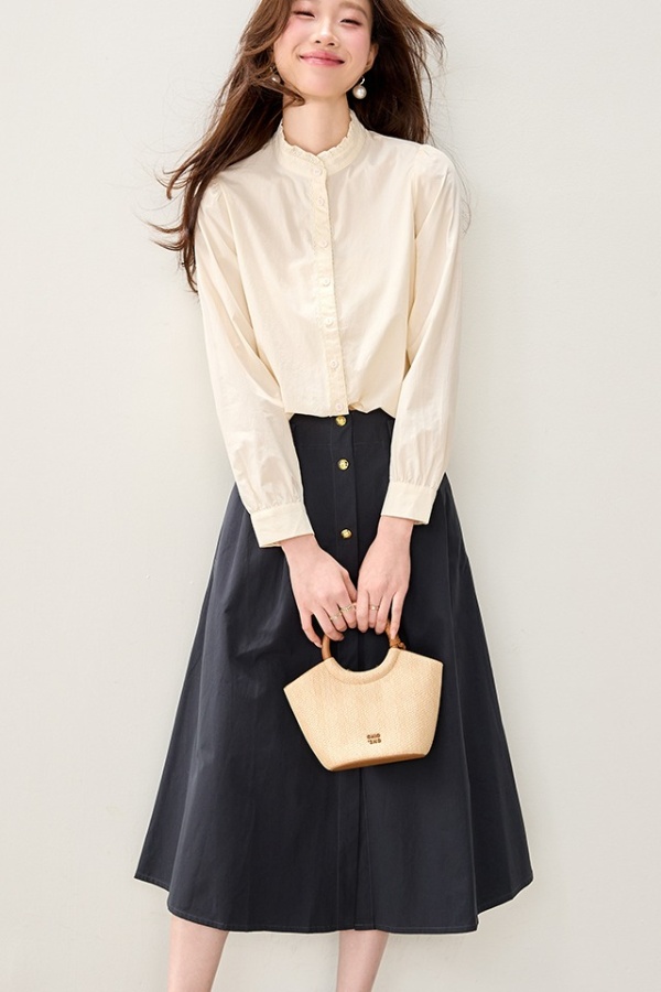 Long sleeve cstand collar apricot lace shirt for women