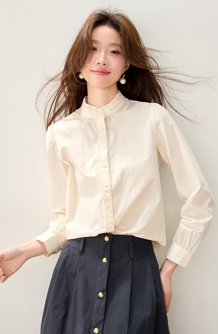 Long sleeve cstand collar apricot lace shirt for women