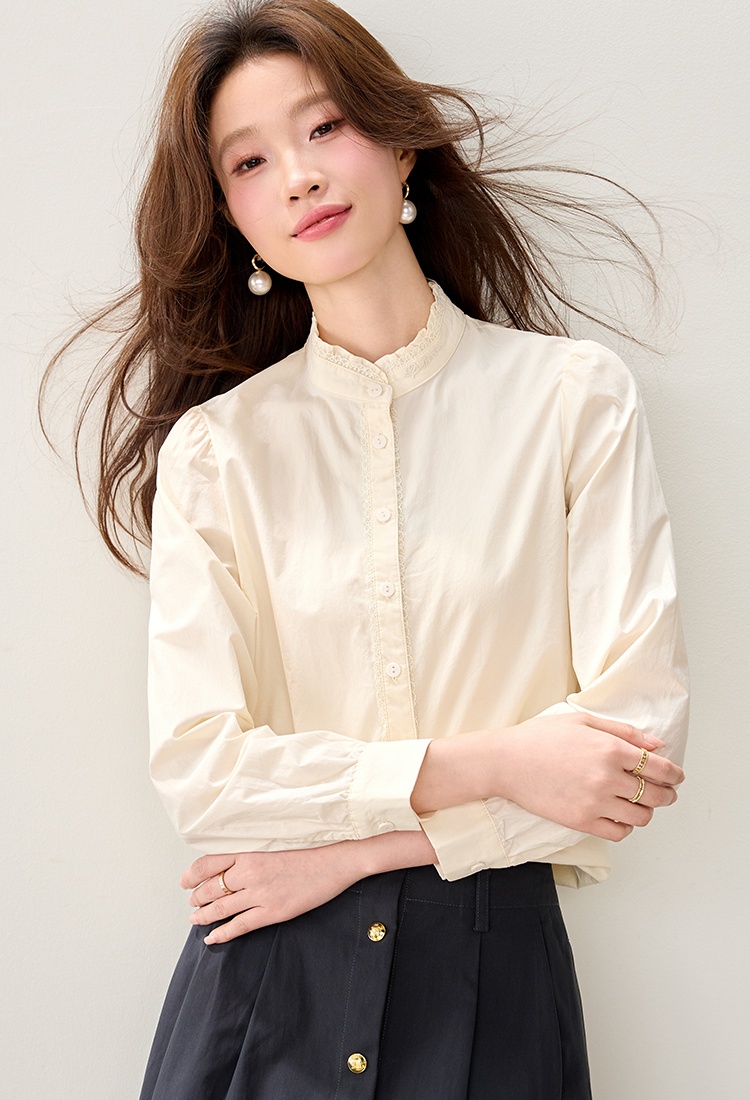 Long sleeve cstand collar apricot lace shirt for women