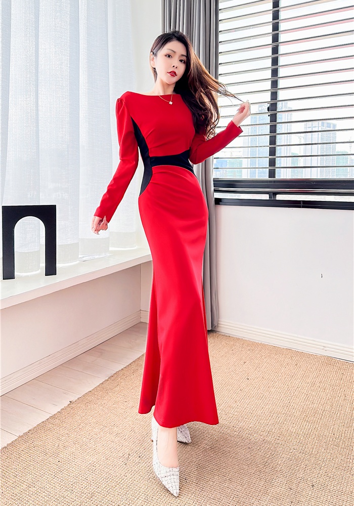 Mixed colors tight long dress Western style spring dress