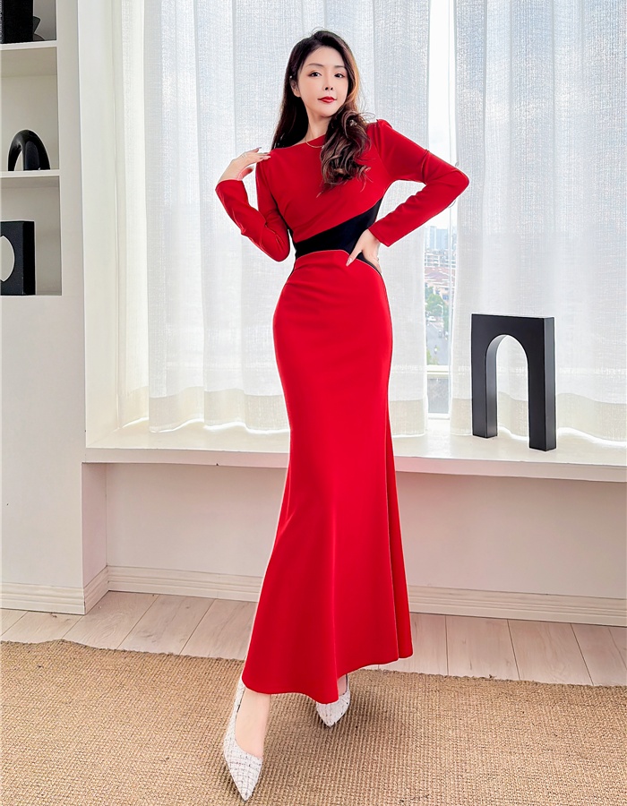 Mixed colors tight long dress Western style spring dress