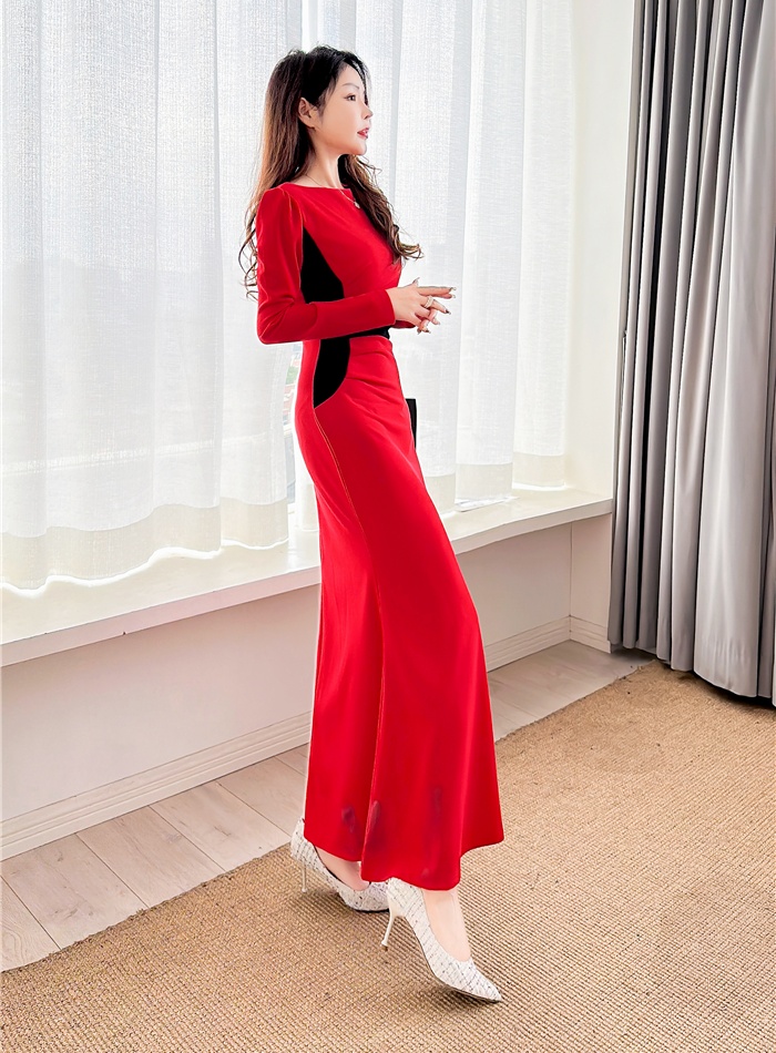 Mixed colors tight long dress Western style spring dress