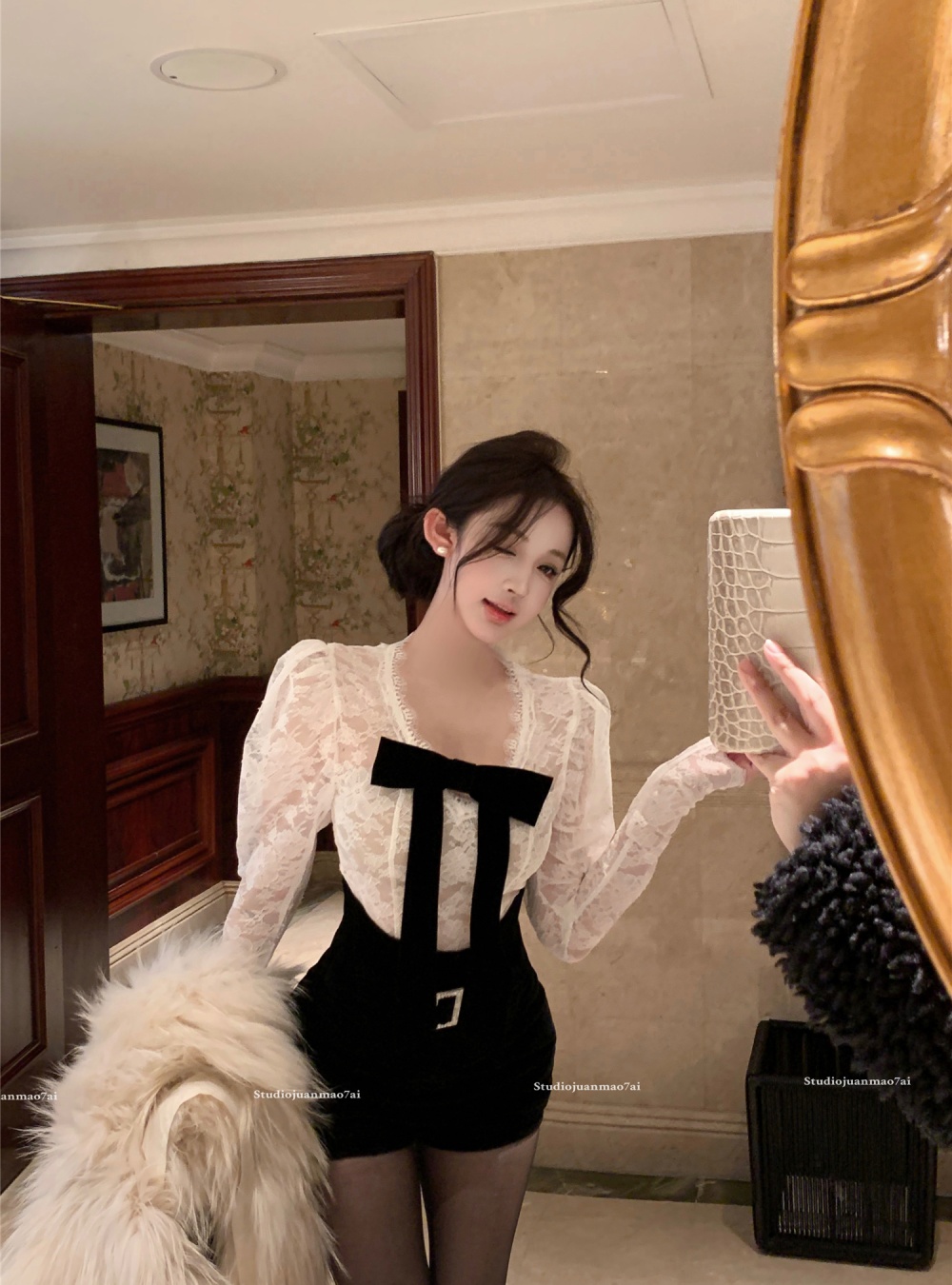 Lace France style tops slim shorts 2pcs set