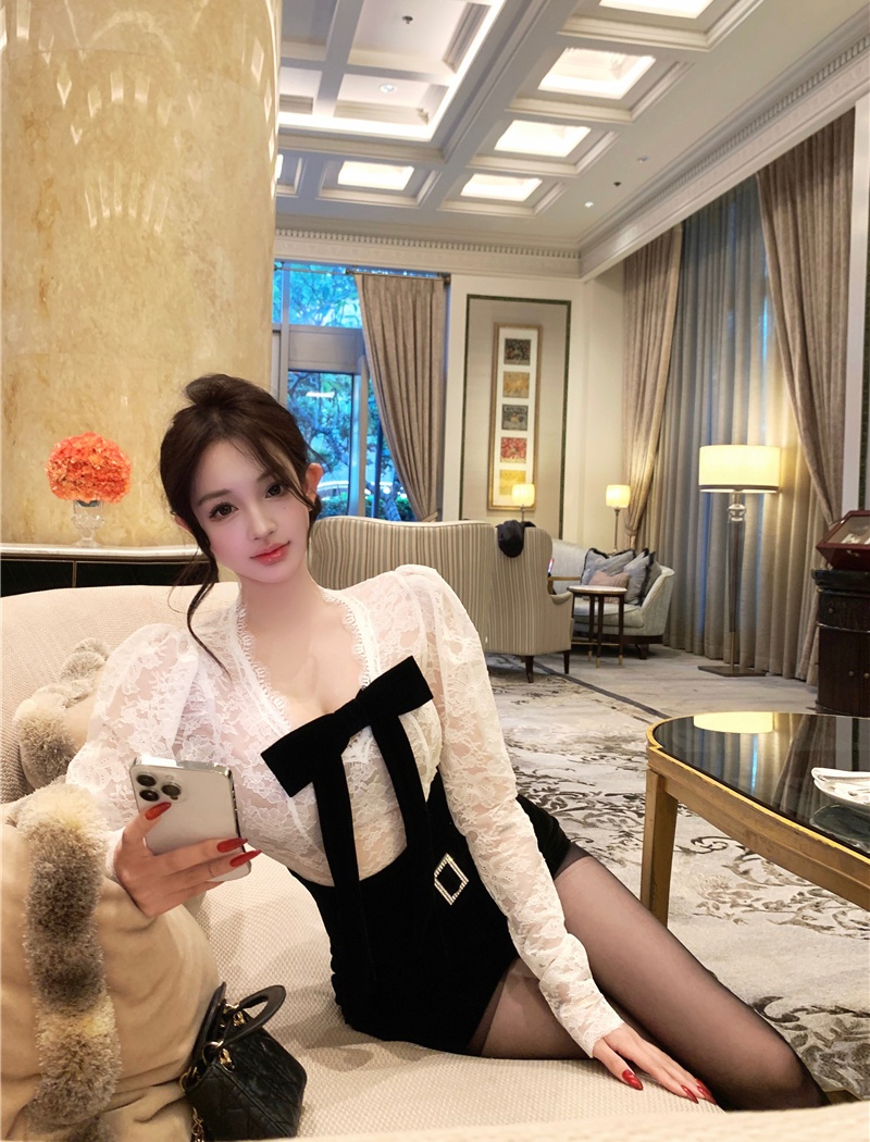 Lace France style tops slim shorts 2pcs set