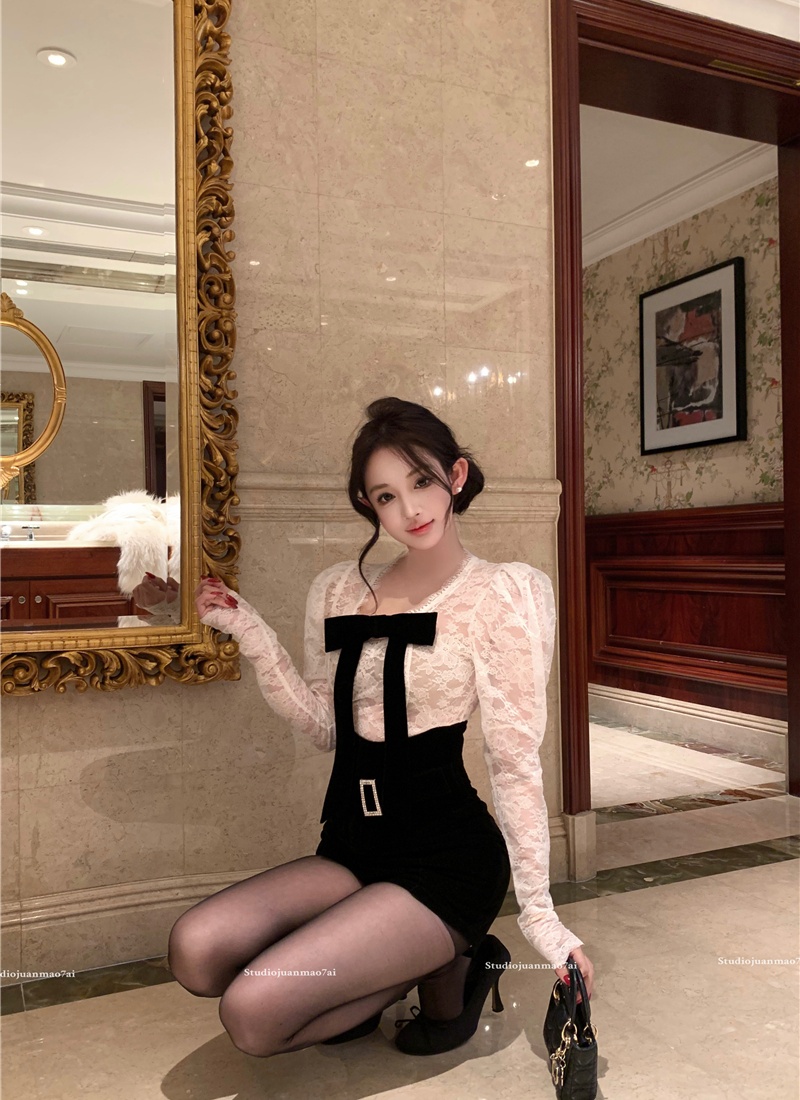 Lace France style tops slim shorts 2pcs set