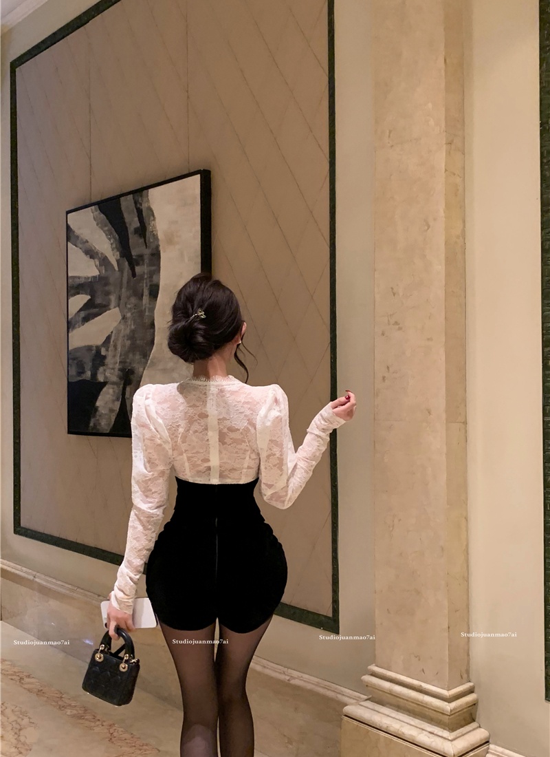 Lace France style tops slim shorts 2pcs set