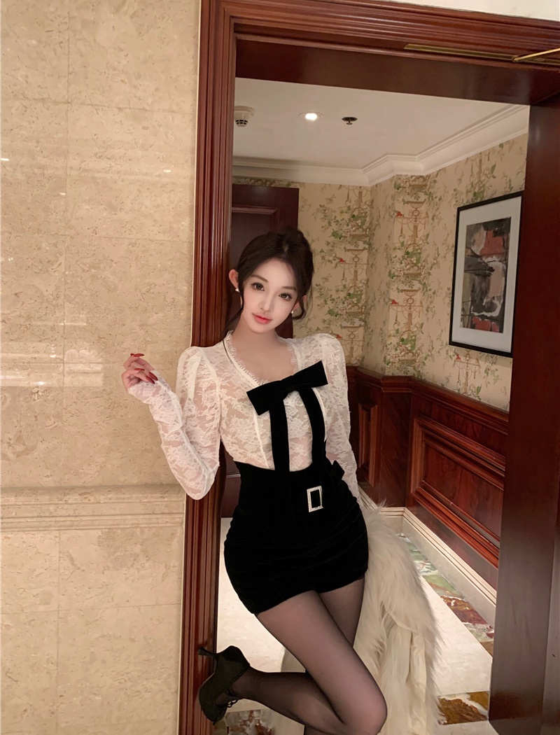Lace France style tops slim shorts 2pcs set