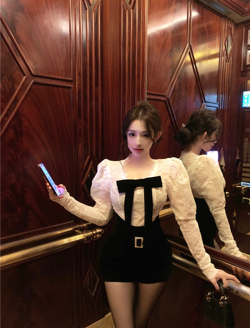 Lace France style tops slim shorts 2pcs set