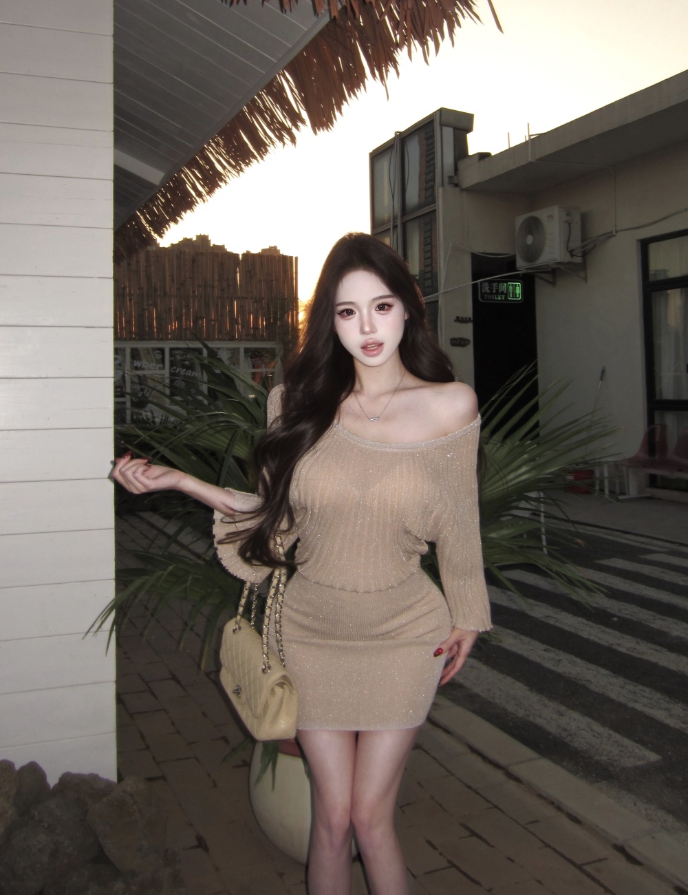 Package hip elasticity enticement flat shoulder dress
