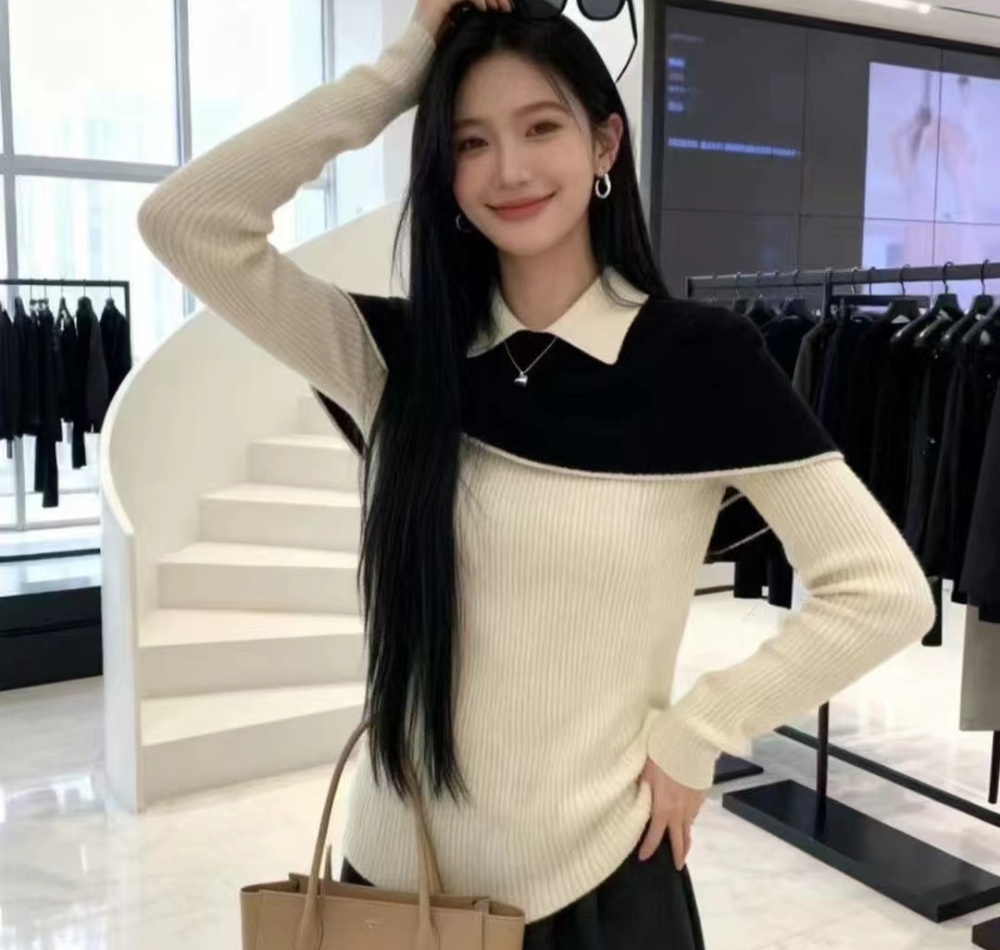 Mixed colors bottoming shirt lapel tops for women