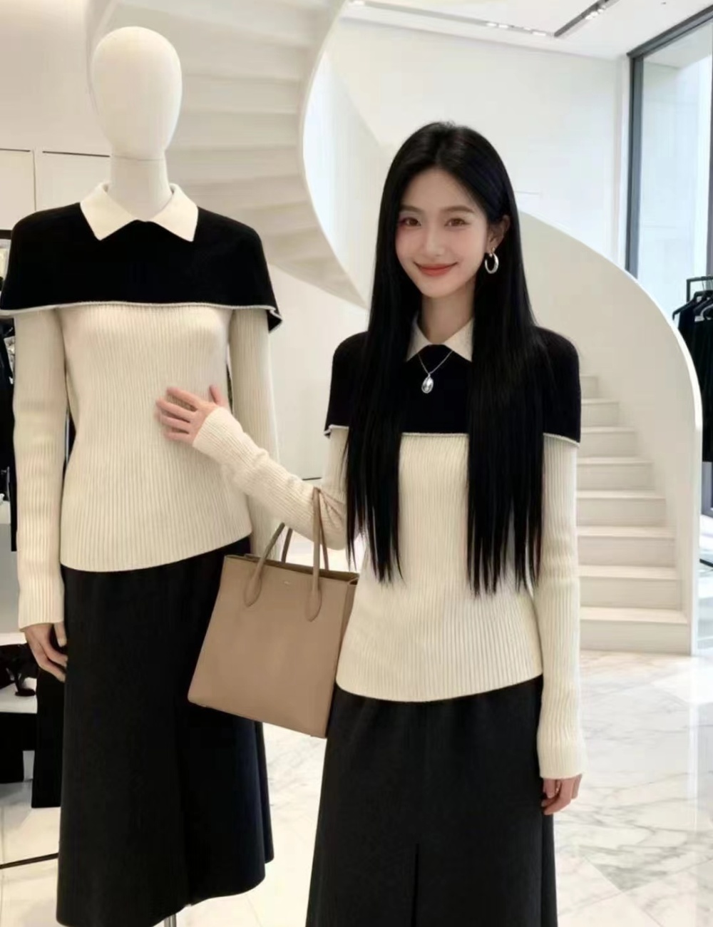 Mixed colors bottoming shirt lapel tops for women