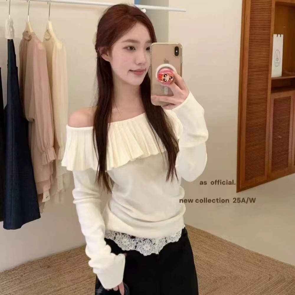 Lotus leaf edges tops long sleeve sweater for women