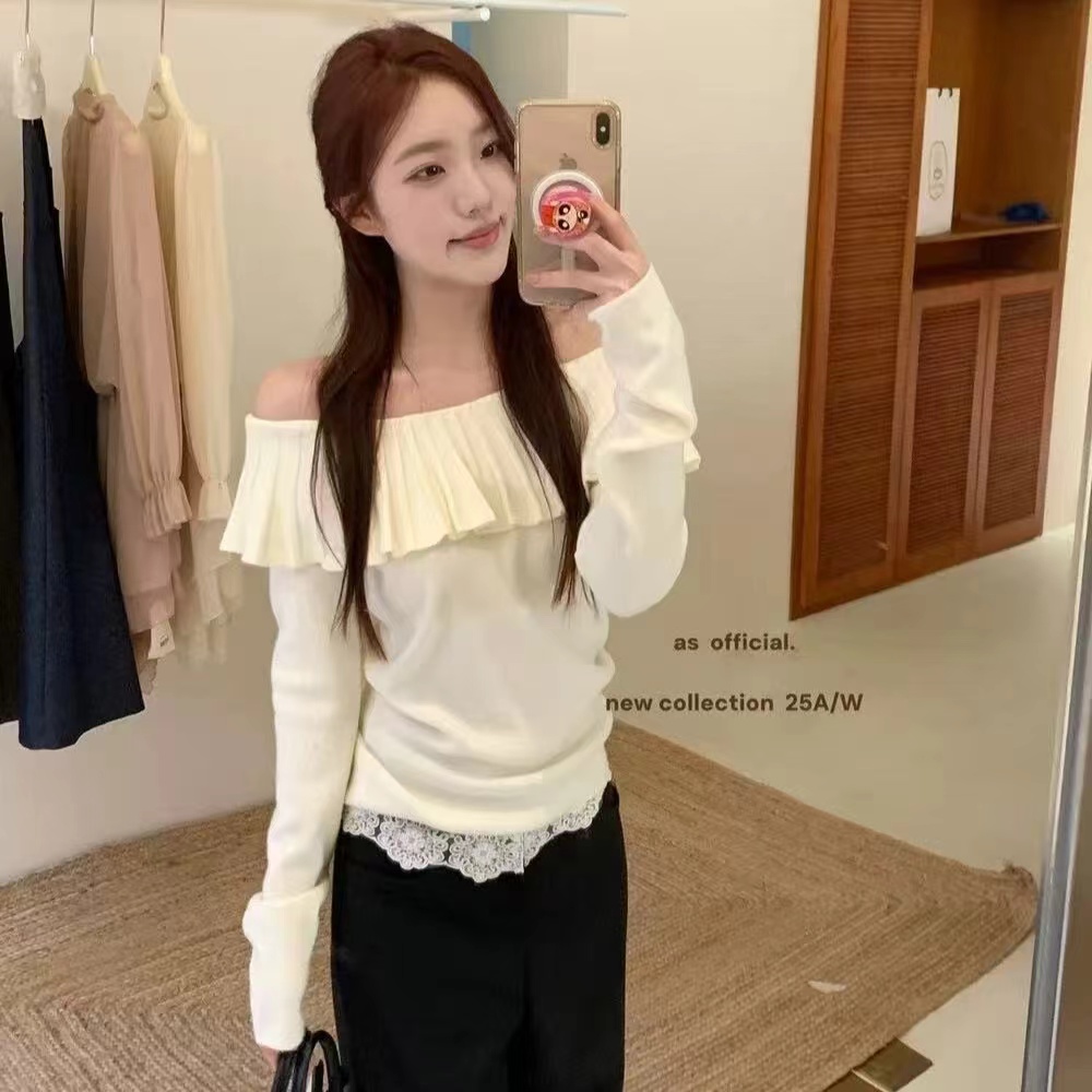 Lotus leaf edges tops long sleeve sweater for women