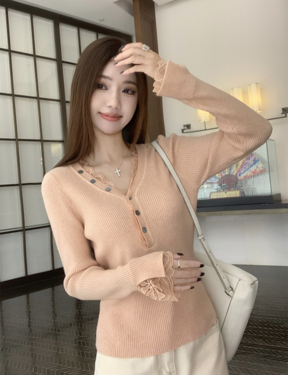 V-neck spring sweater lace bottoming shirt for women