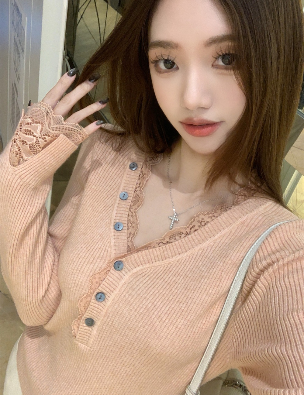 V-neck spring sweater lace bottoming shirt for women