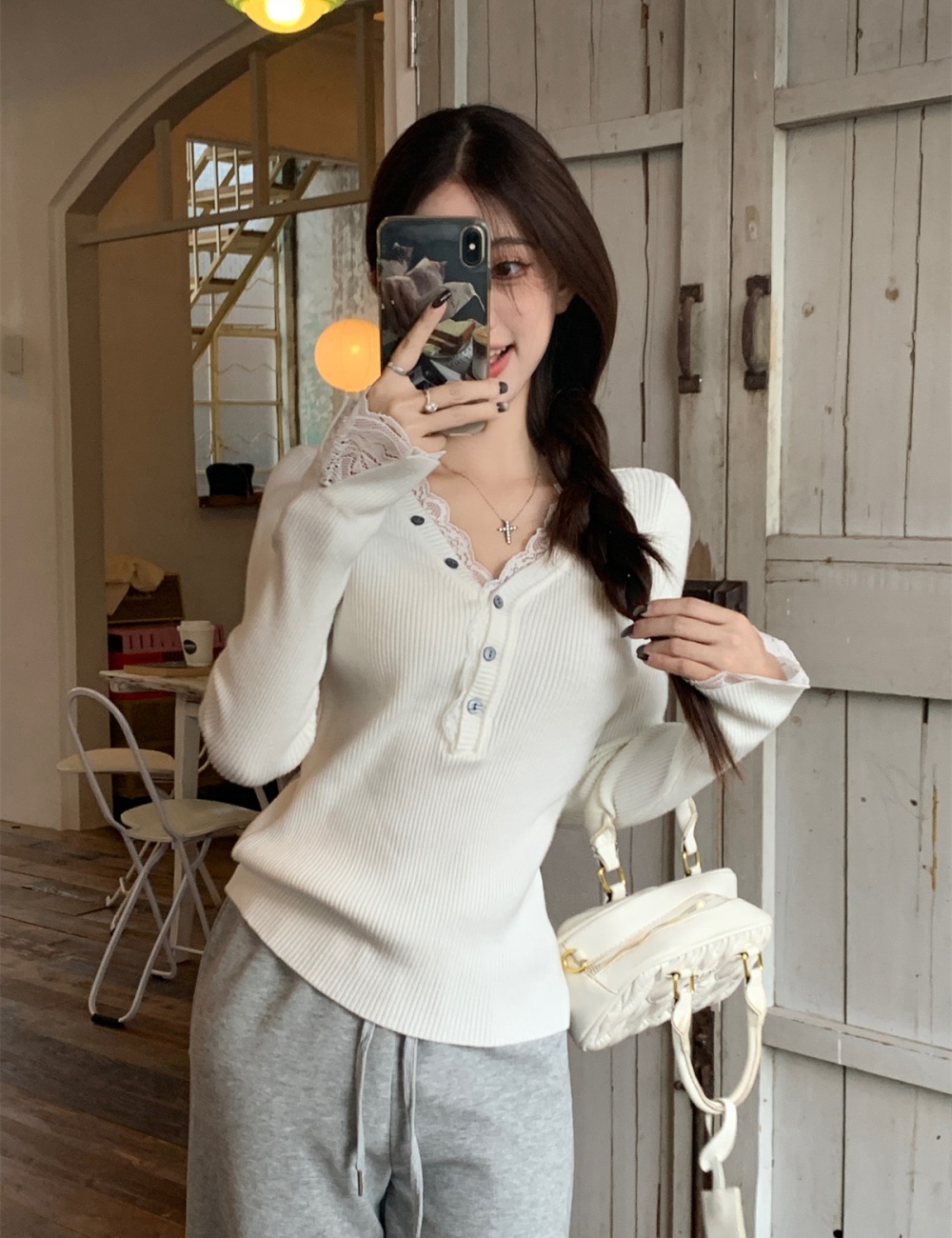 V-neck spring sweater lace bottoming shirt for women