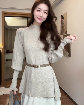 Half high collar slim sweater pinched waist tops
