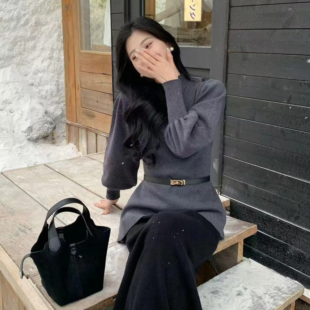 Half high collar slim sweater pinched waist tops