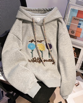 Embroidered flowers hoodie pure cotton tops for women
