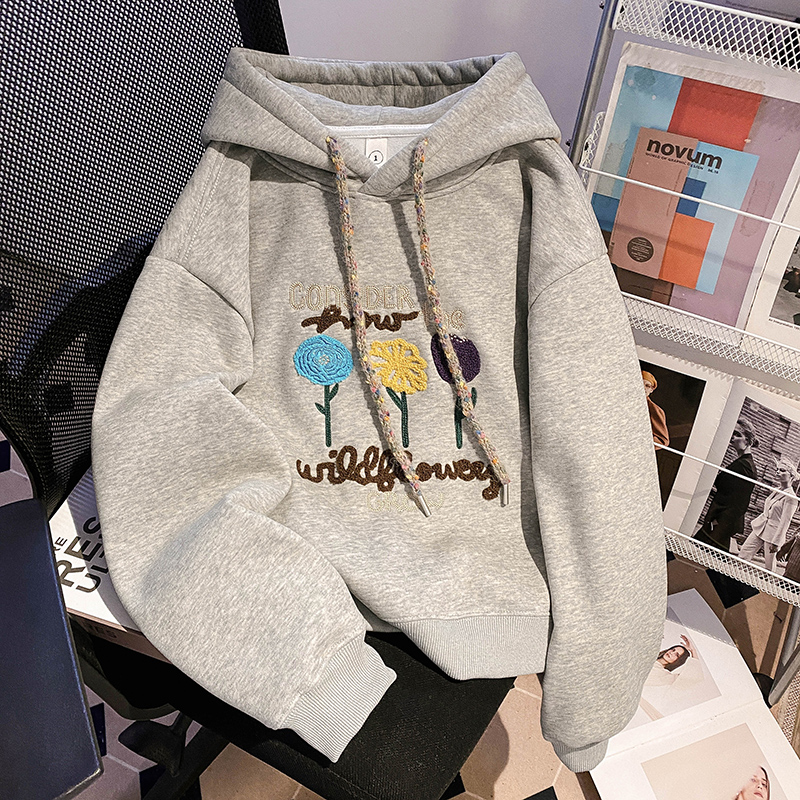 Embroidered flowers hoodie pure cotton tops for women
