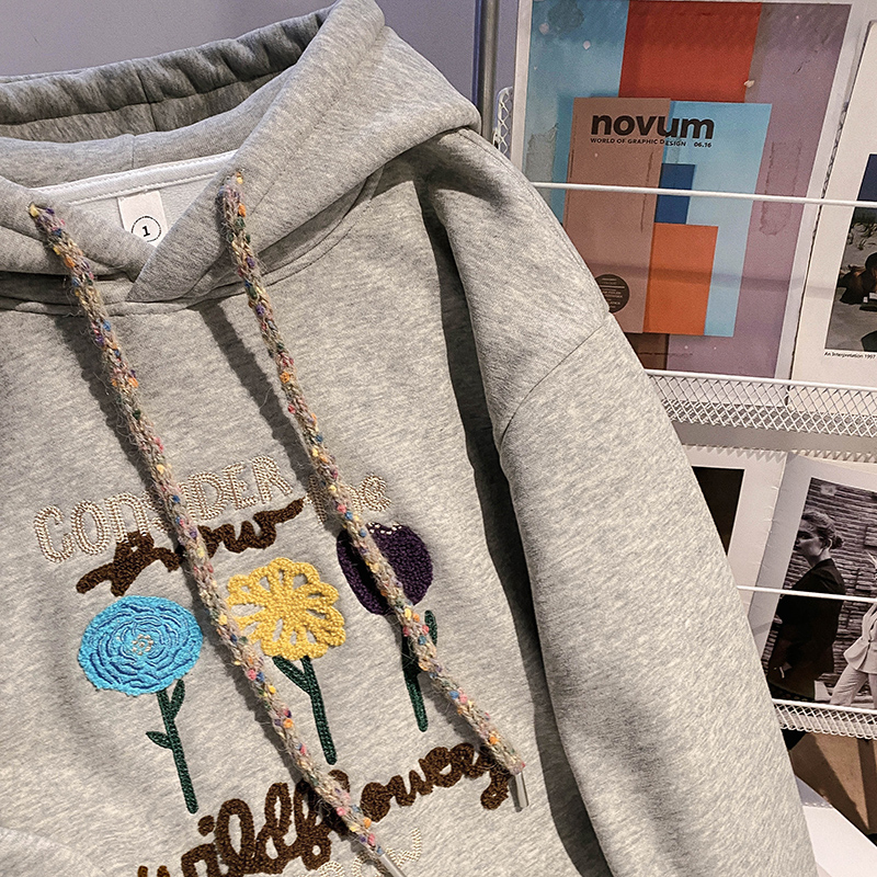 Embroidered flowers hoodie pure cotton tops for women