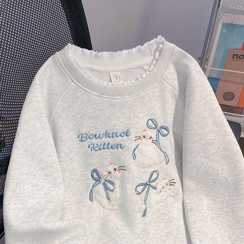 Thermal hooded tops embroidered flowers pure cotton hoodie