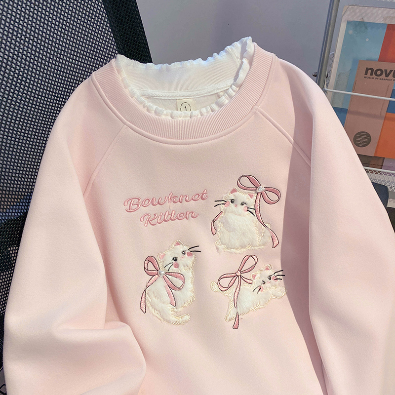 Thermal hooded tops embroidered flowers pure cotton hoodie