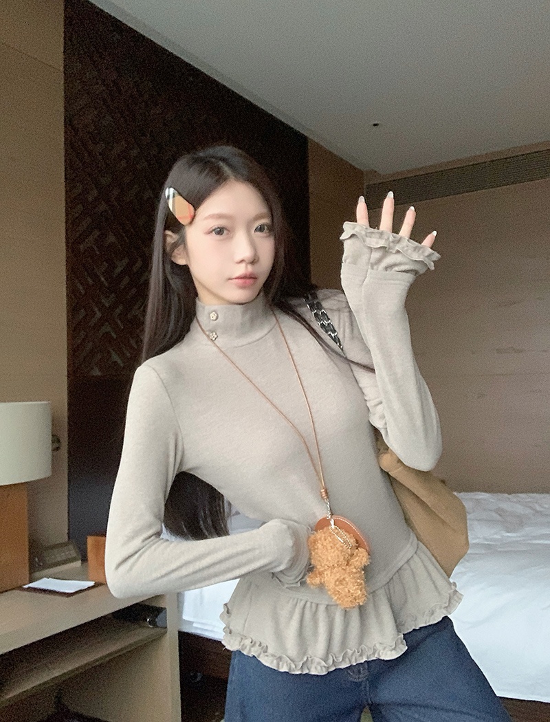 Spring and autumn lace T-shirt high collar tops